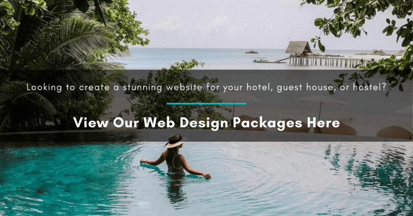 A hotel pool with a woman in it, with white text overlay suggesting that the reader views our web design packages by clicking on the image